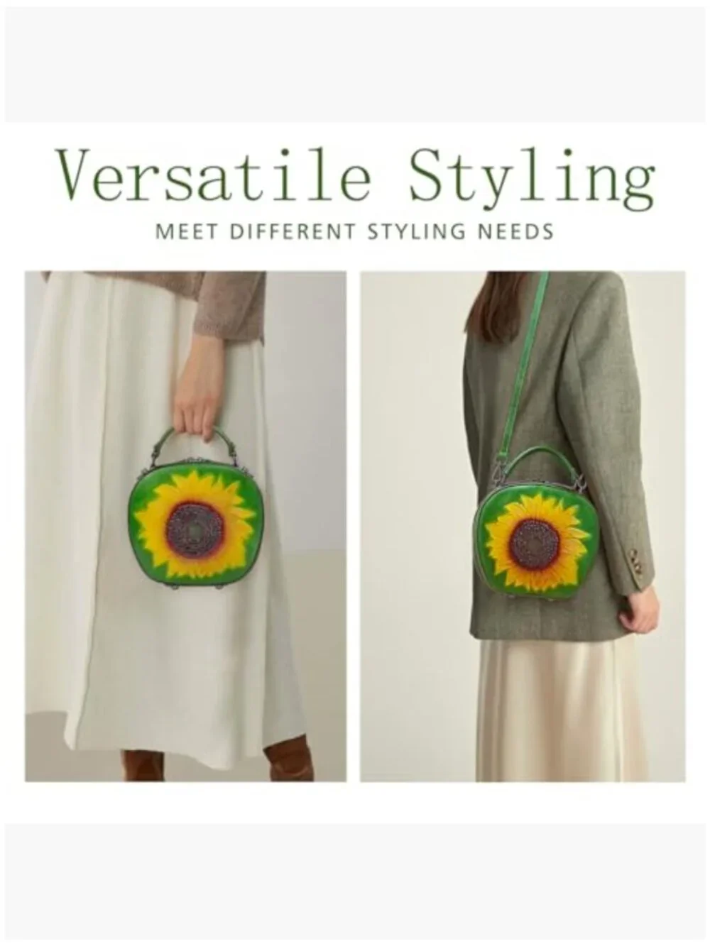 Vintage Genuine Leather Crossbody Bag with Sunflower Embossed Design - Picture 2 of 7